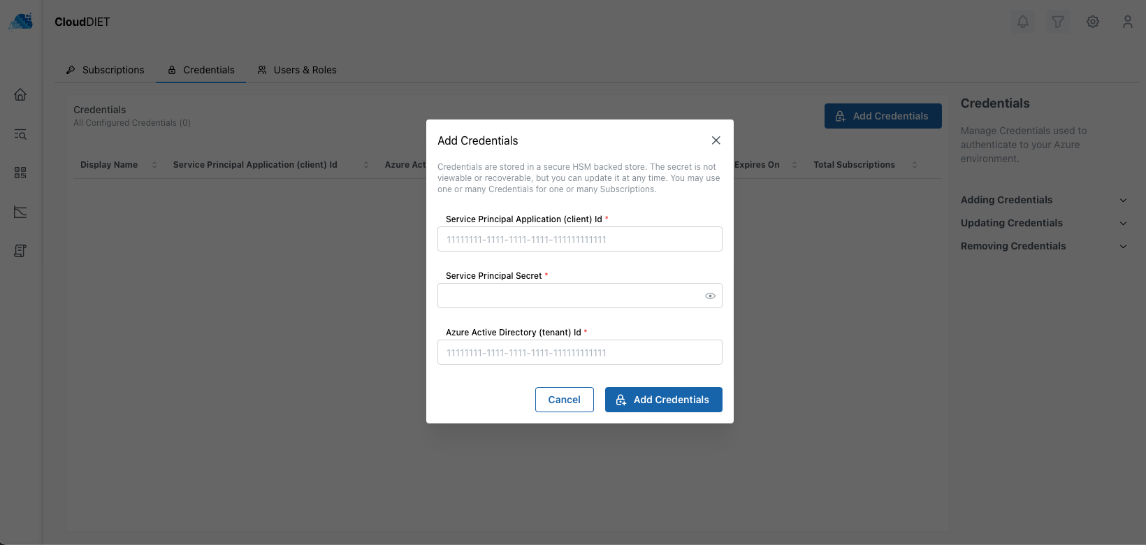 Click Add Credential and provide the Service Principal details
