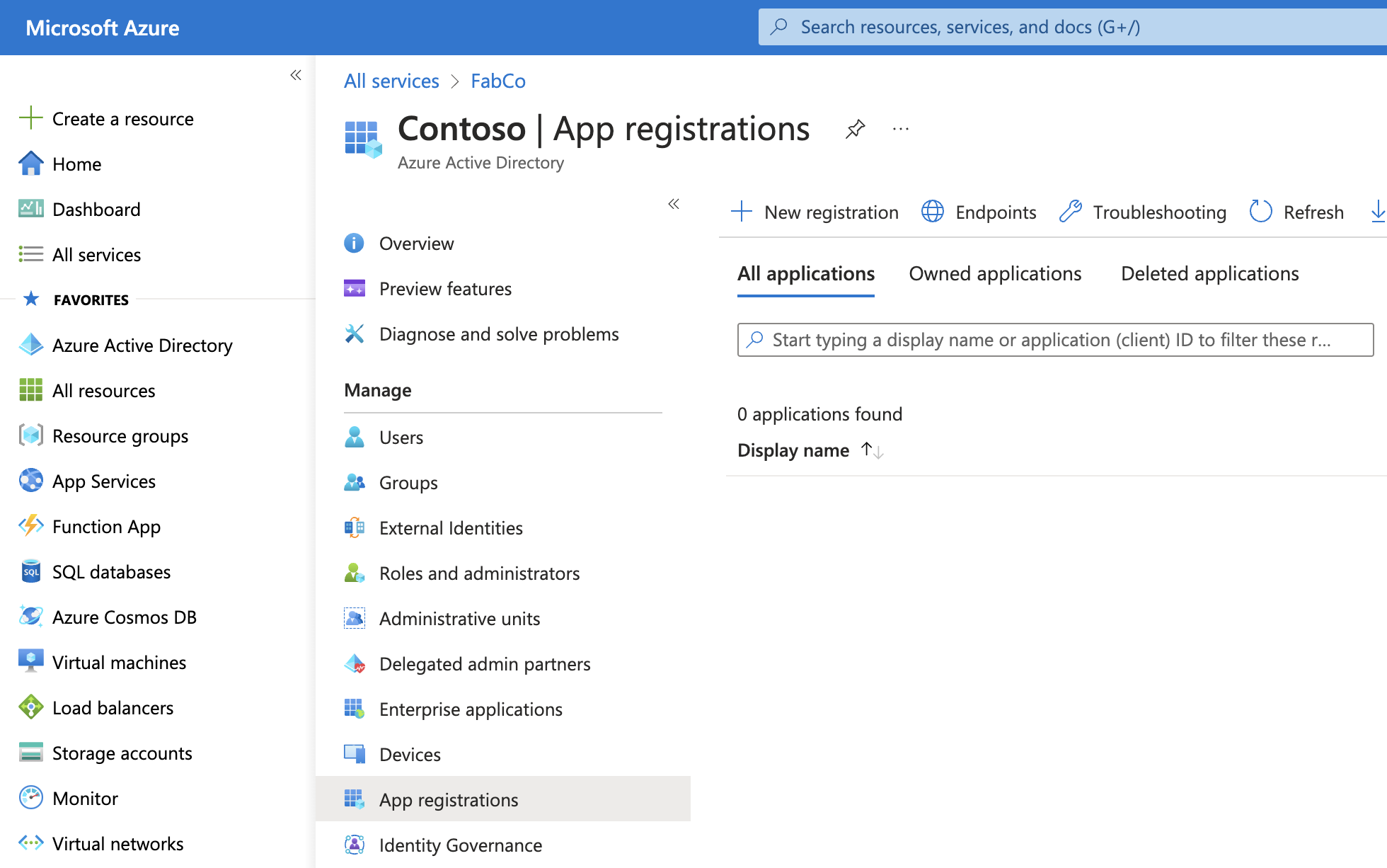 Select App registration and then New registration