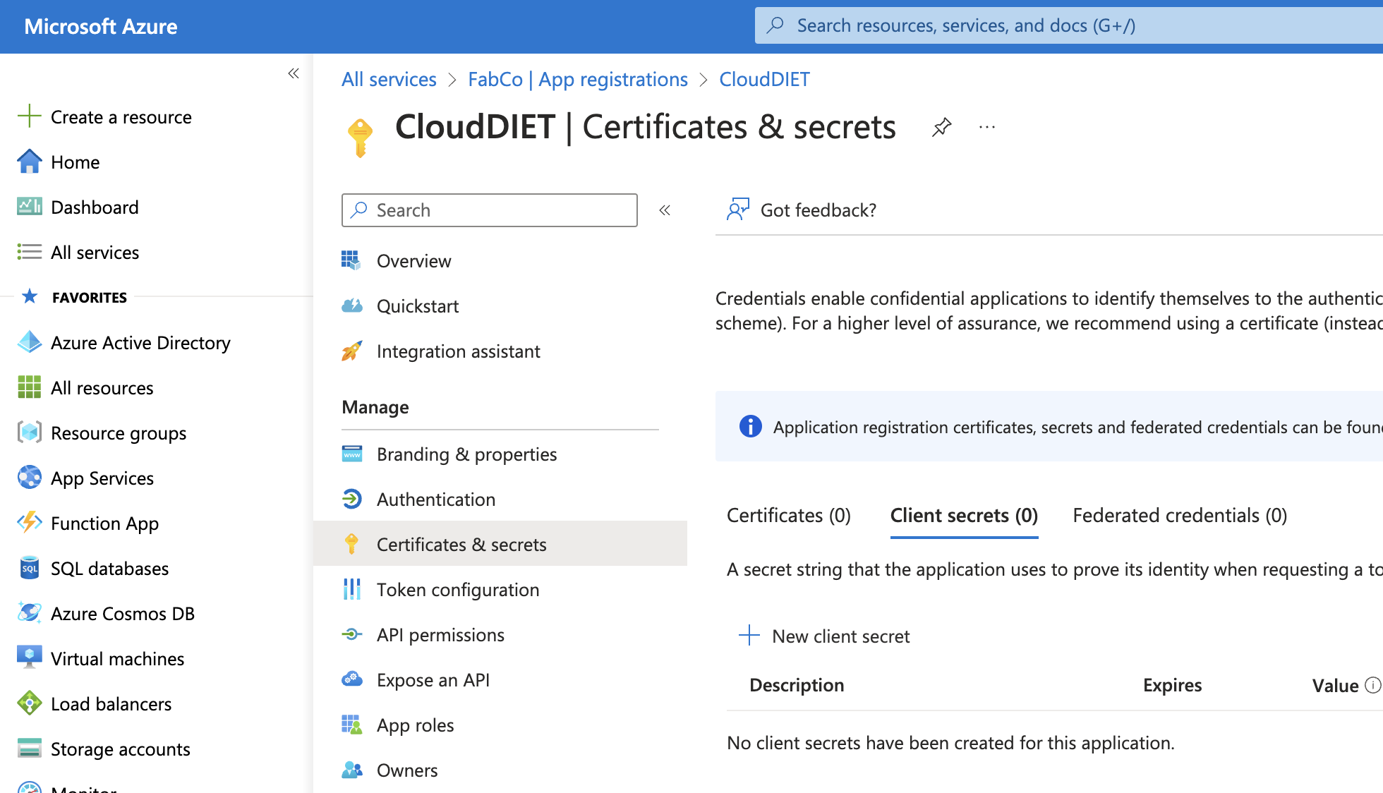 Select Certificates & secrets from the menu