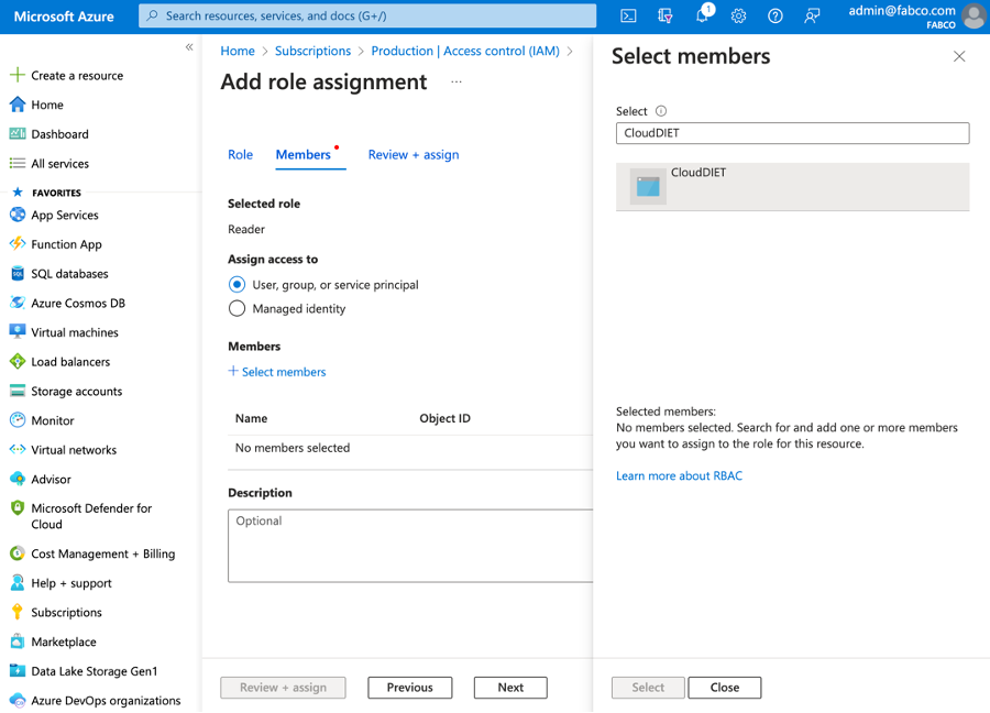 Select CloudDIET service principal